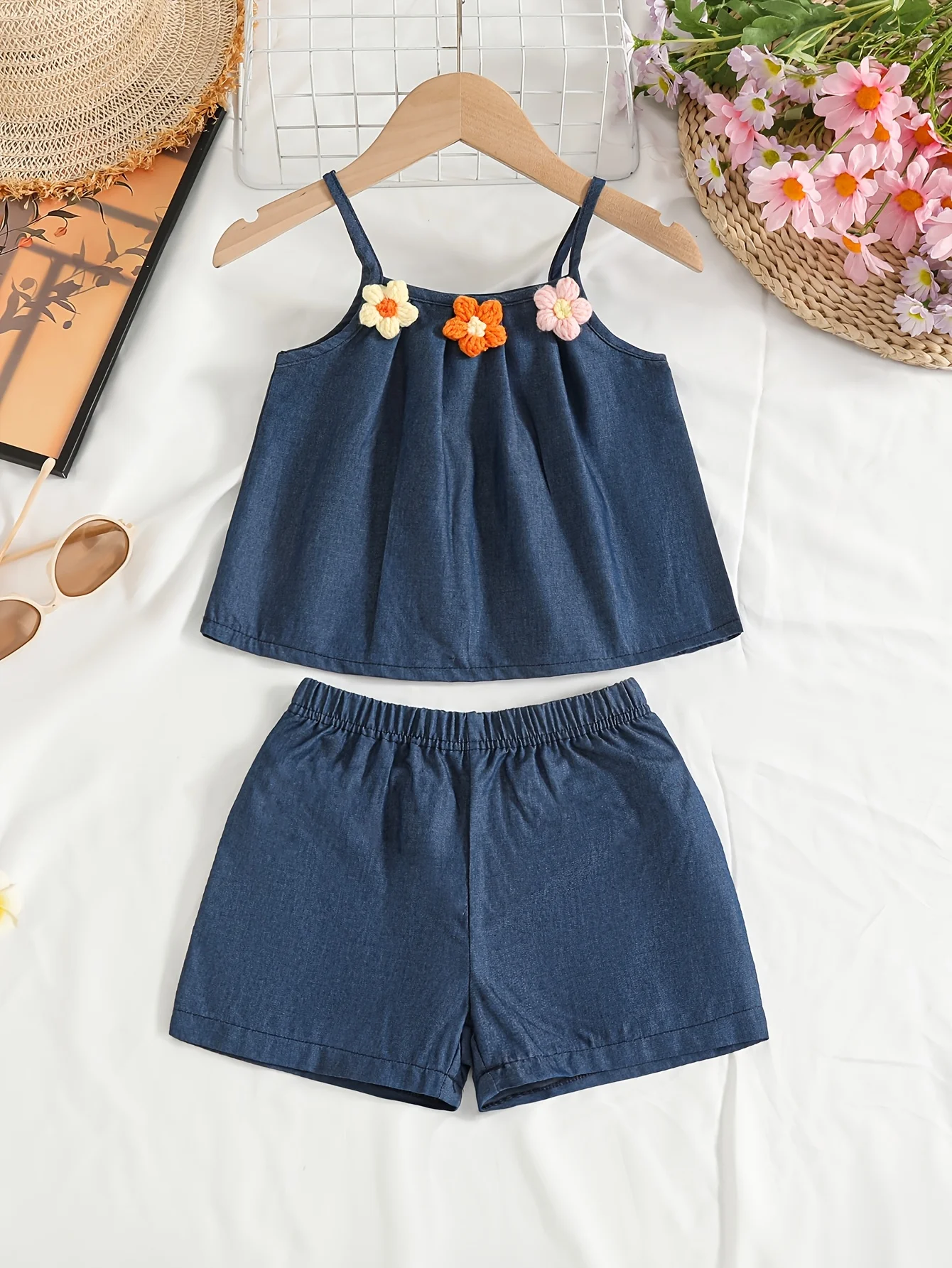 Baby Girls Suspender Set With 3D Stereo Floral Decor Solid Color Sweet Summer Outfits 2 Piece Set