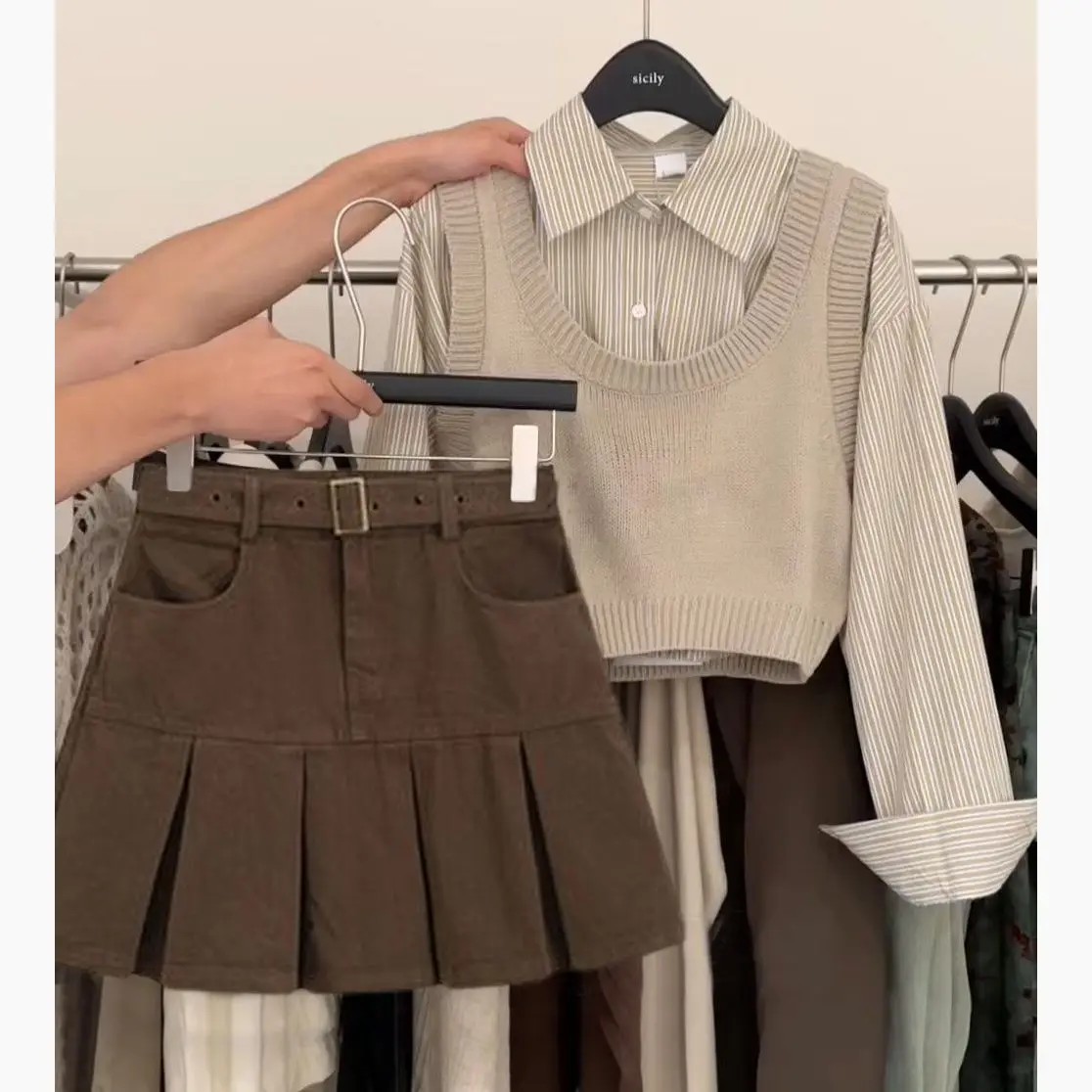 

Spring Summer Fashion Set Women's Casual Striped Shirt Vest High Waist Short Skirt Three Piece Set Slimming Elegant New 2026