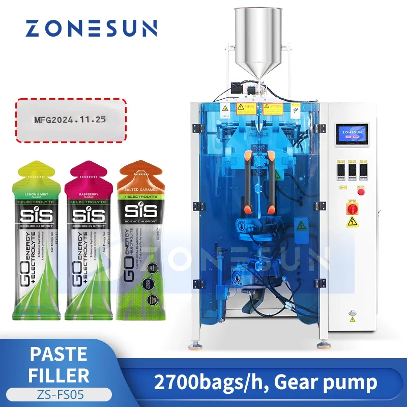 ZONESUN ZS-FS05 Automatic Paste Filler VFFS Sachet Sealing Machine Gear Pump Energy Gel Honey Liquid Packing Tool 2700bags/h
