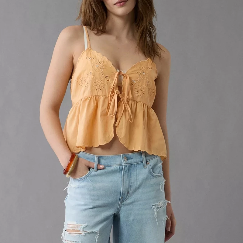 Camisolas elegantes con tirantes ajustables y cuello en V para mujer, chaleco Babydoll con dobladillo con volantes y bordado Floral atado con lazo frontal