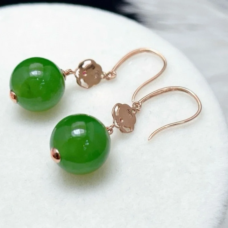 SGARIT Authentic Jadeite 10mm Hetian Jade Round Bead Ear Hooks 18K Gold Setting Oily Luster Smooth Fine Texture Classic Earrings
