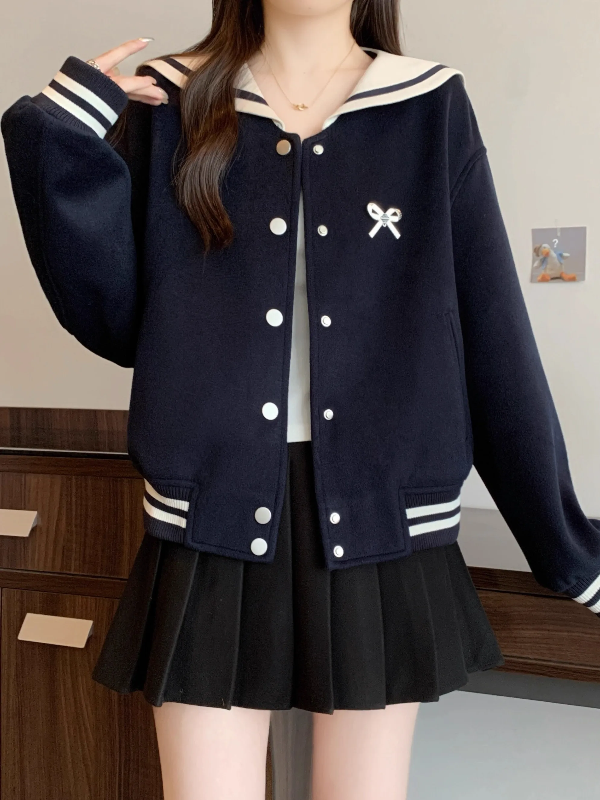 Chaqueta de Mujer con Cuello Marinero, Estilo Coreano, con Nudo, Color Bloque, Antienvejecimiento, para Viajar al Trabajo, Cortavientos