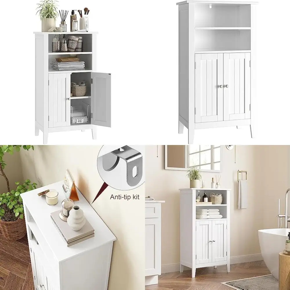 

double-door wooden bathroom cabinet with adjustable shelf and freestanding entryway console