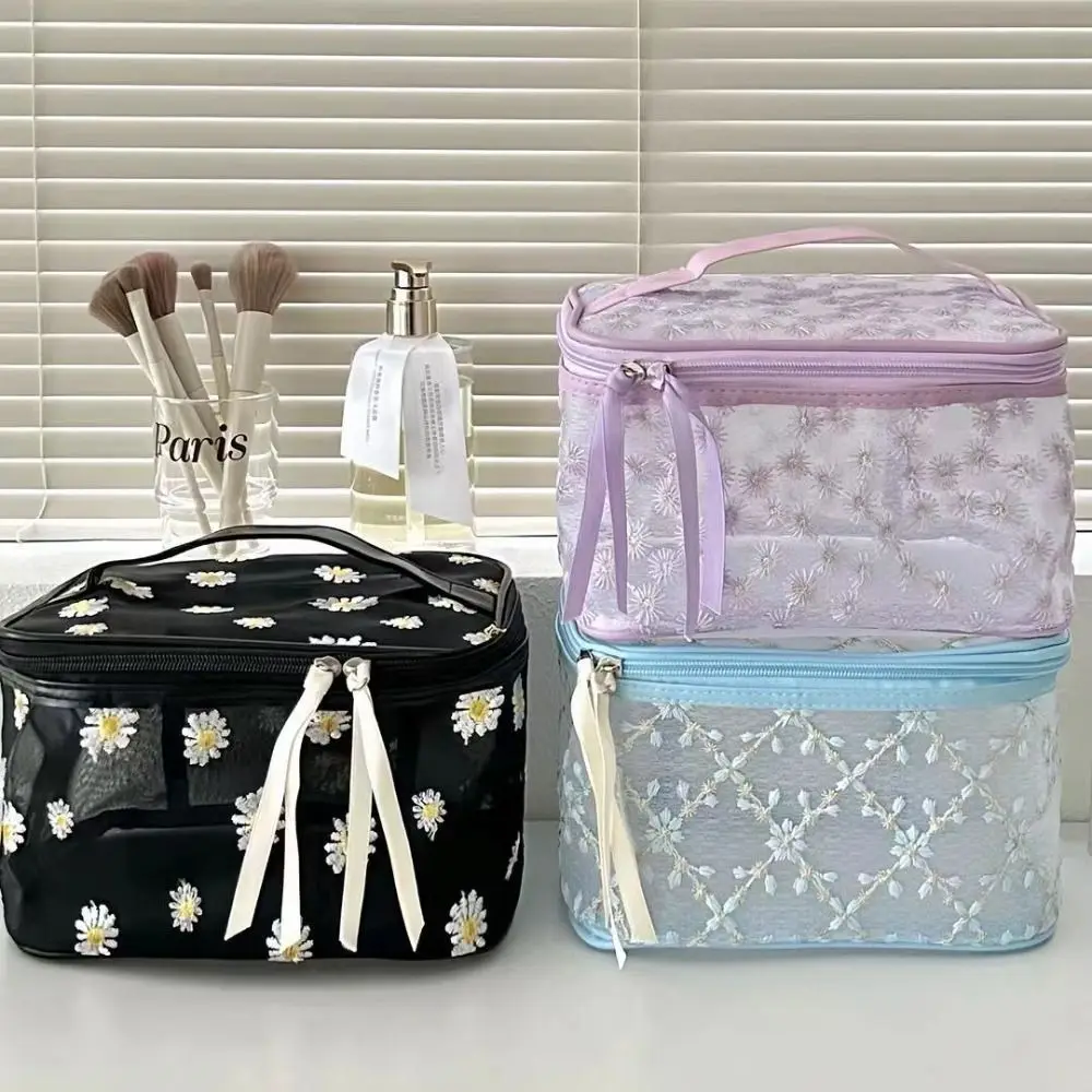 Daisy Embroidery Makeup Bag New Large Capacity Mesh Transparent Makeup Organizers Flocking Nylon Storage Bags Outdoor