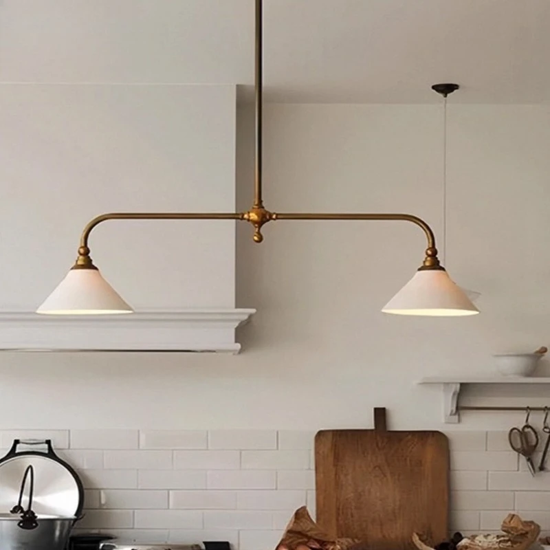 American simple chandelier double-headed long pole home dining room long table full copper cloth cover chandelier