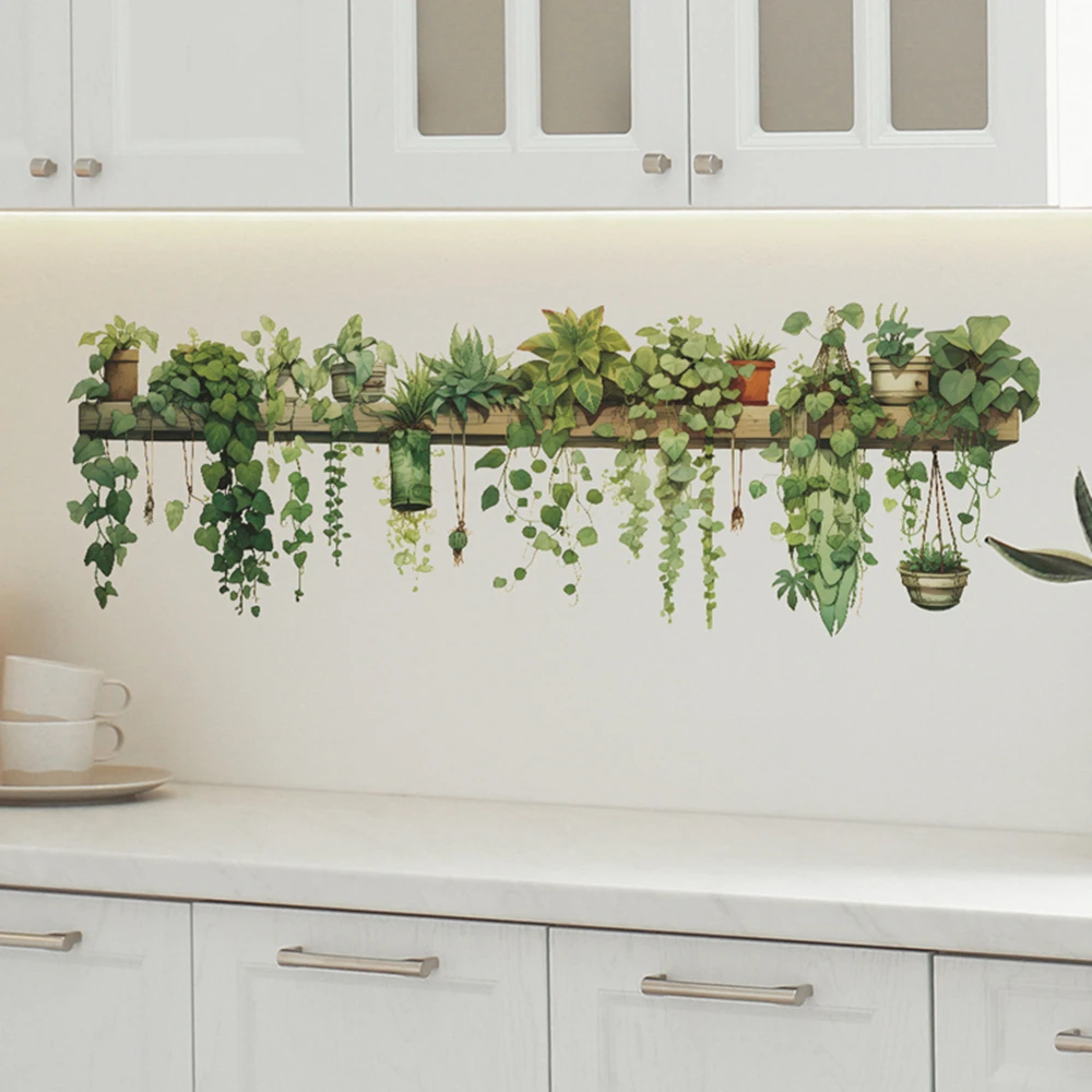 1Pc Hanging Green Plants Wall Stickers, Removable Vinyl Watercolor Potted Vine Decals for Bedroom Kitchen Living Room Home Decor