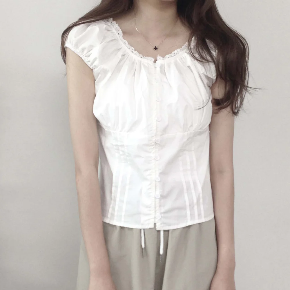 Coréen Sle Sweet Lace Single Button Femmes irt Polyvalent Summer Faion de Dongdaemun ort Sve rond Ne o...