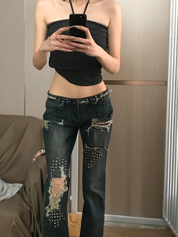 Retro American Lace Splicing Rivet Jeans Women's Spicy Old Design Sense Hole Dragging Pants Natural Waist Fit Jeans