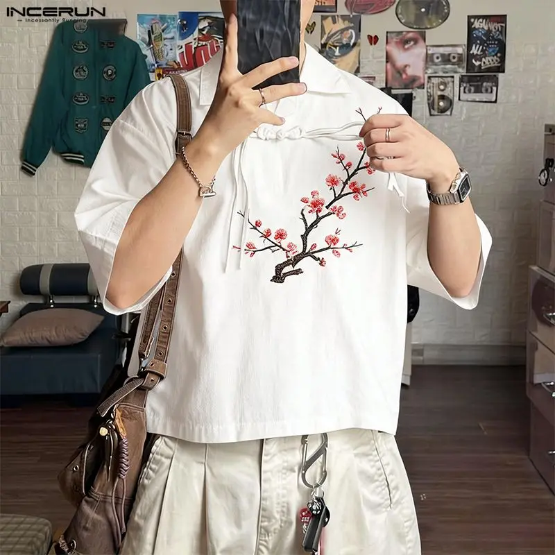 INCERUN Men's Shirt Printing Lapel Half Sleeve Loose Vintage Men Clothes Summer Streetwear Harajuku Casual Tops Shirts For Man