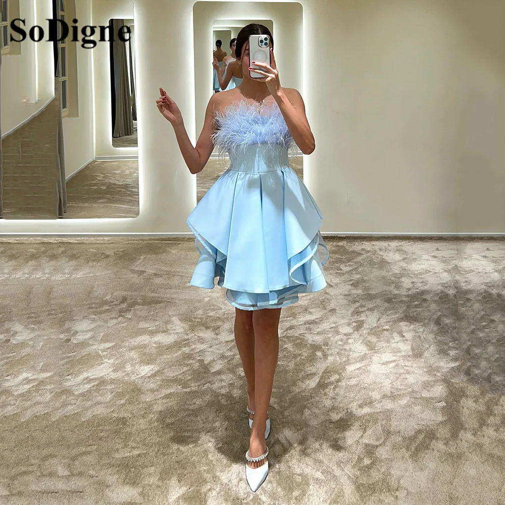 

SoDigne Short Sky Blue Satin Prom Dresses For Wedding Party Feathers Pleats Ruffles Layered Mini Cocktail Party Gowns