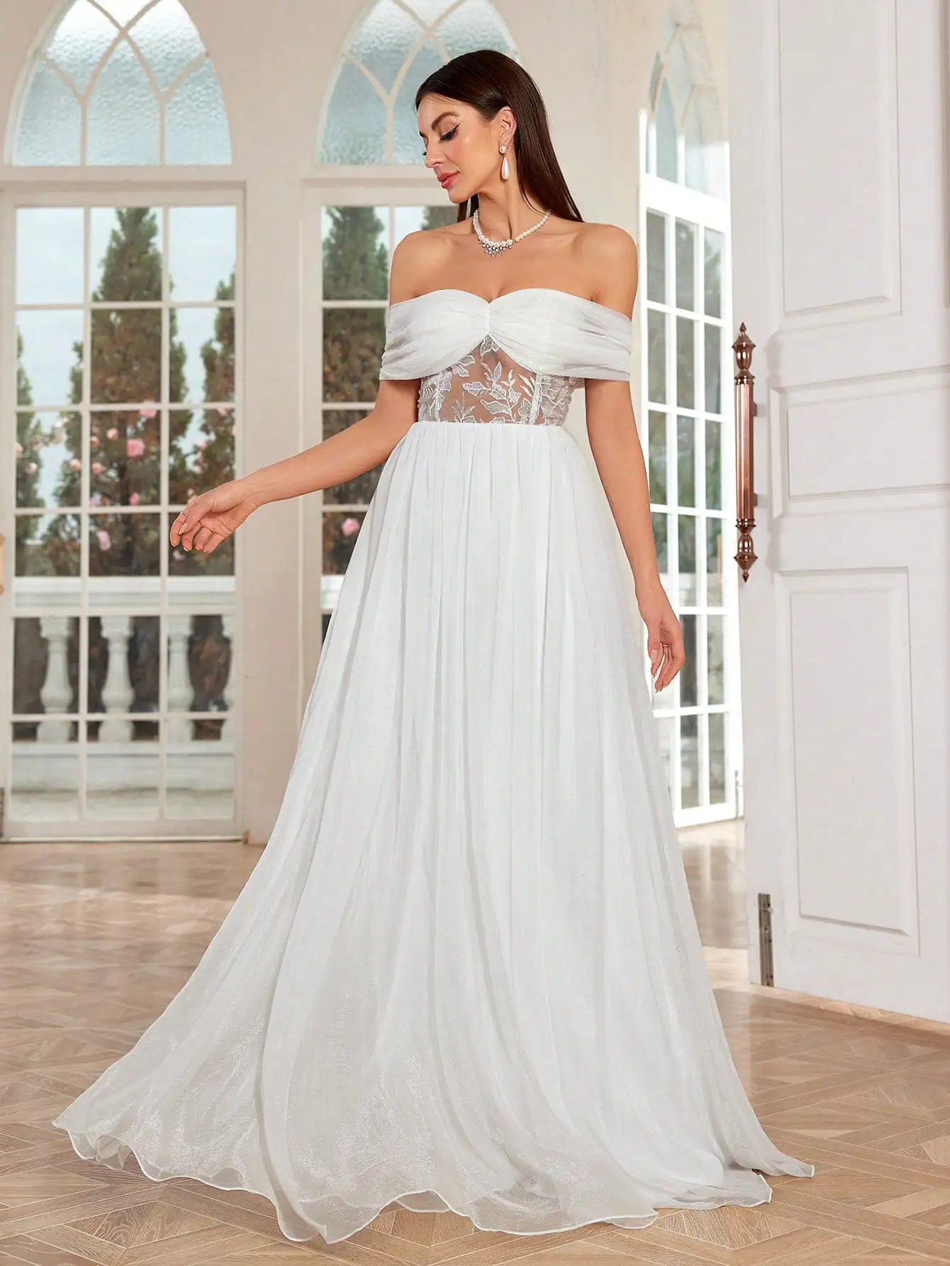 

Mgiacy элегантный воротник на одно плечо, плиссированное кружево с вышивкой, прозрачное лоскутное шифоновое свадебное платье для душа