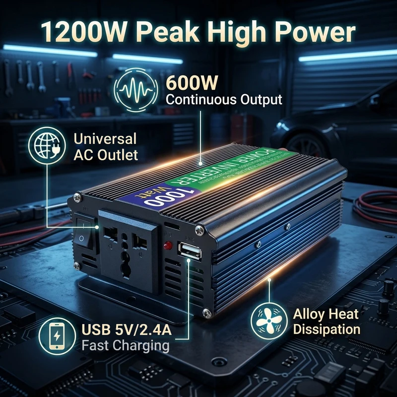 

Автомобильный инвертор мощностью 500/1000 Вт, умный портативный преобразователь энергии — подходит для террас, кемпинга, автомобилей, грузовиков и аварийного электроснабжения.