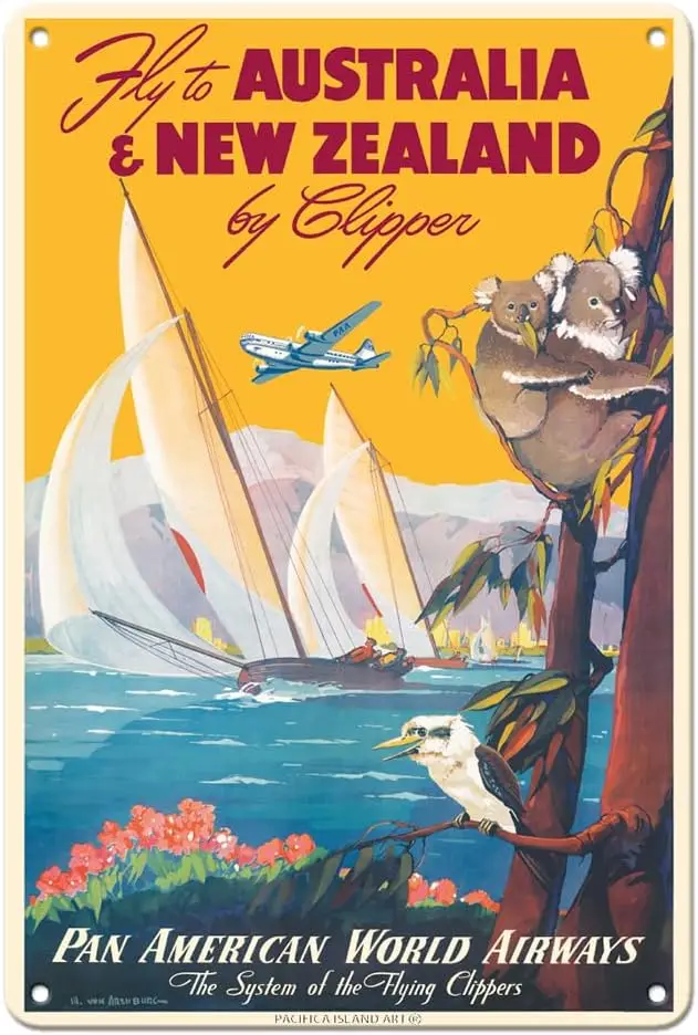 Australia & New Zealand by Clipper - Pan American World Airways - Vintage Airline Travel Poster by Mark Von Arenburg c.1950 sign