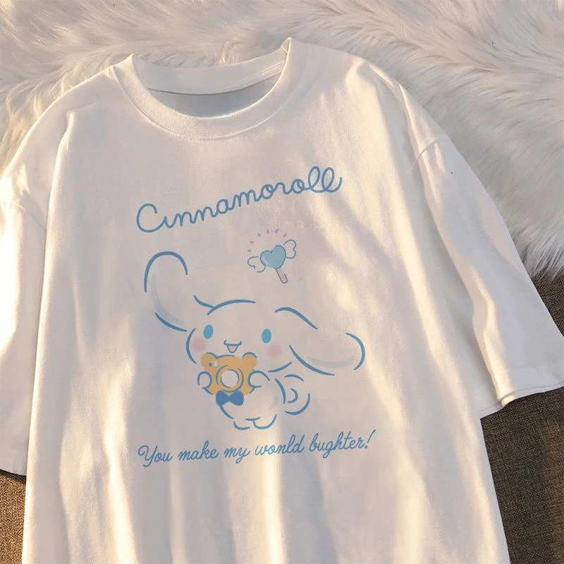 Sanrio Cinnamoroll-ropa de manga corta Y 2k Kawaii para mujer, camiseta con patrón de moda coreana, Top para mujer, ropa de calle Linda Y2k