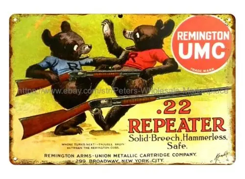 log cabin decor remington umc bear rifle firearm metal tin sign