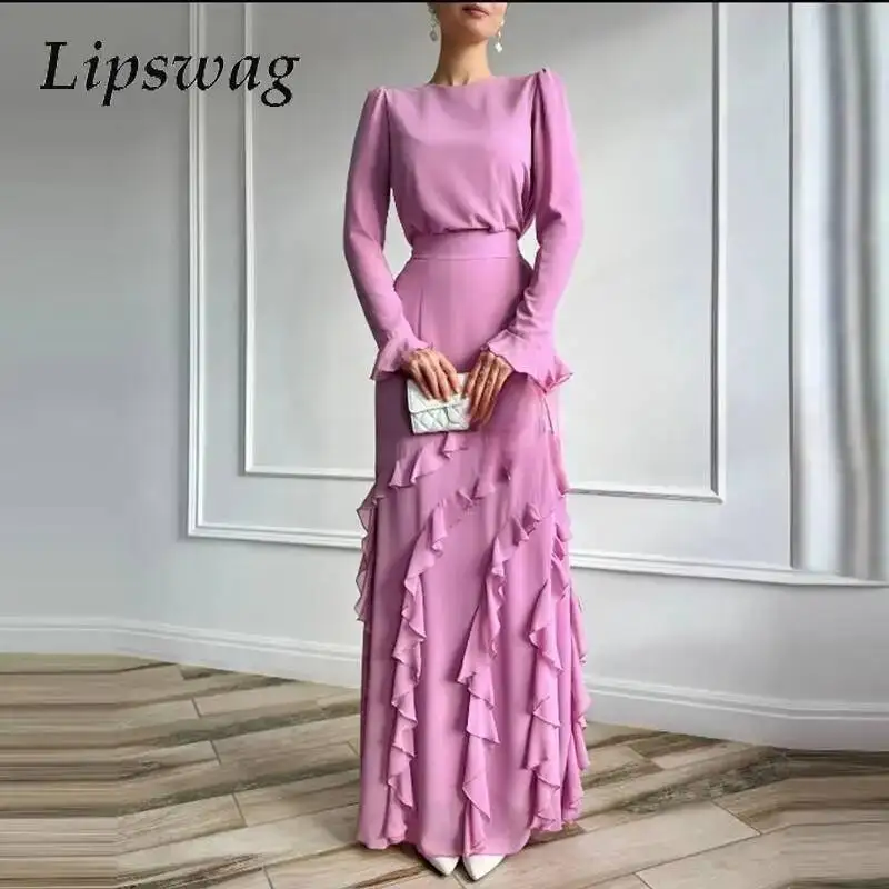 Fashion O Neck Tops Skirts Outfits Women Casual Long Sleeve Ruffle Solid Slim Suit Elegant Premium Draped Pc Sets #2