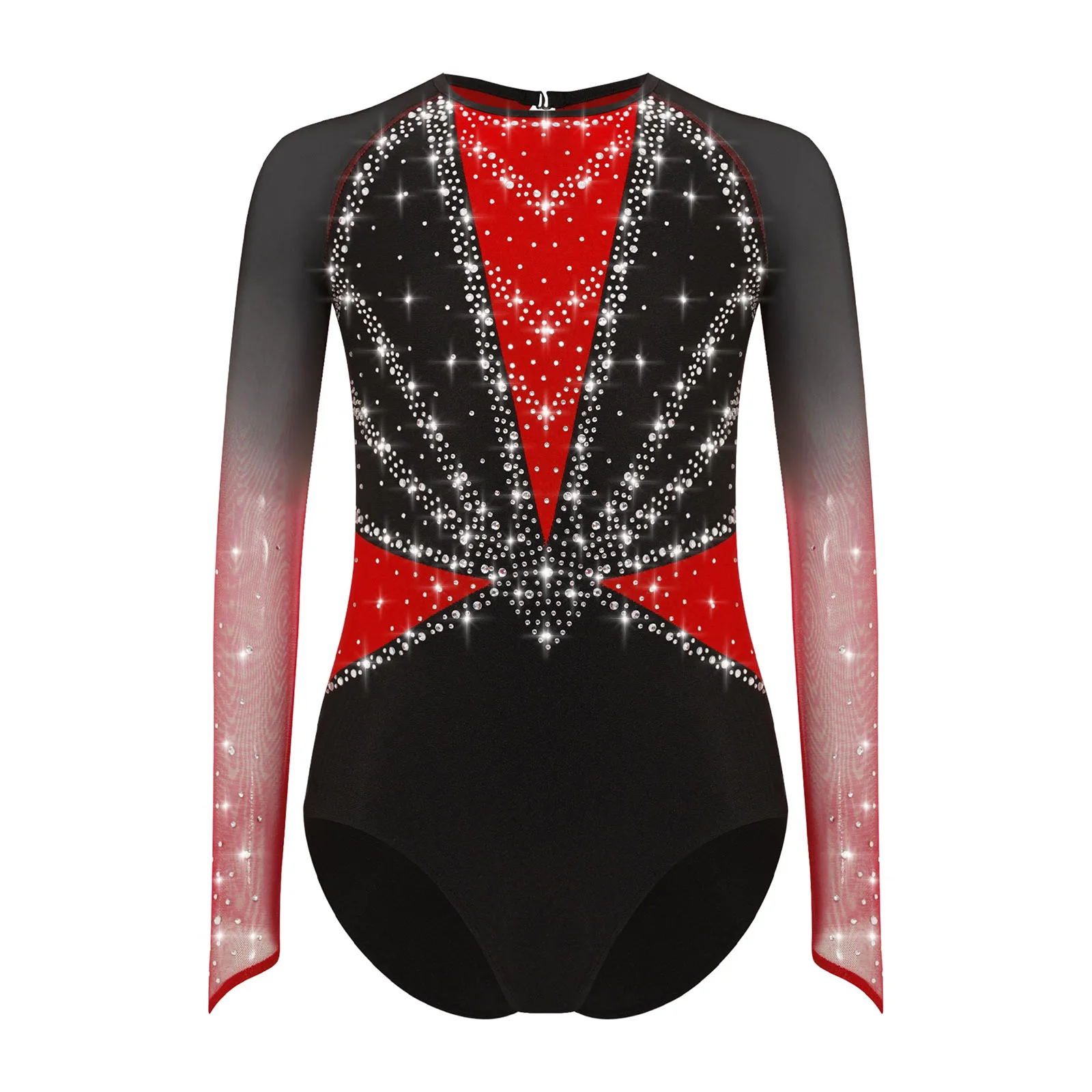 

Girls Ballet Dance Outfit Sheer Mesh Long Sleeves Shiny Rhinestones Bodysuit Gymnastics Dance Leotard for Latin Ballroom Dance