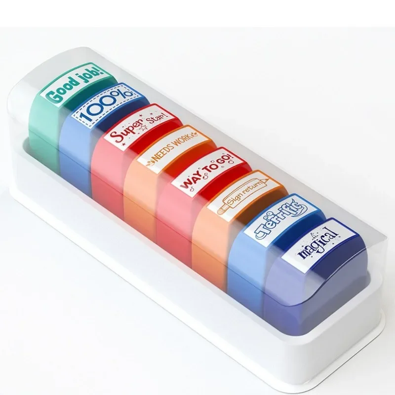 5/8Pcs Parent Signature Teacher Auto-Refilling Stamp Set Homework Teacher Supplies With Storage Tray Graded Classroom Stamps
