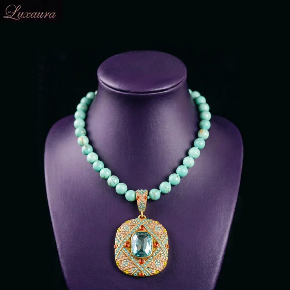 

Vintage jewelry featuring a fashionable and classic blue geometric necklace design paired with Bohemian style women's necklace