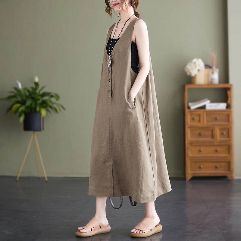 

Японский Sle Lin Vest Long Dr Women Свободный большой размер V Ne Strap Cotton Lin Dr Pure Color Commute Sle a Line Юбка