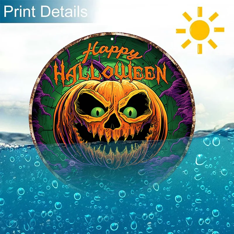 8x8inch Retro Pumpkin & Ghost Aluminum Sign - Vibrant Halloween Decoration - Durable & Attractive Tin Art for Indoor/Outdoor Use