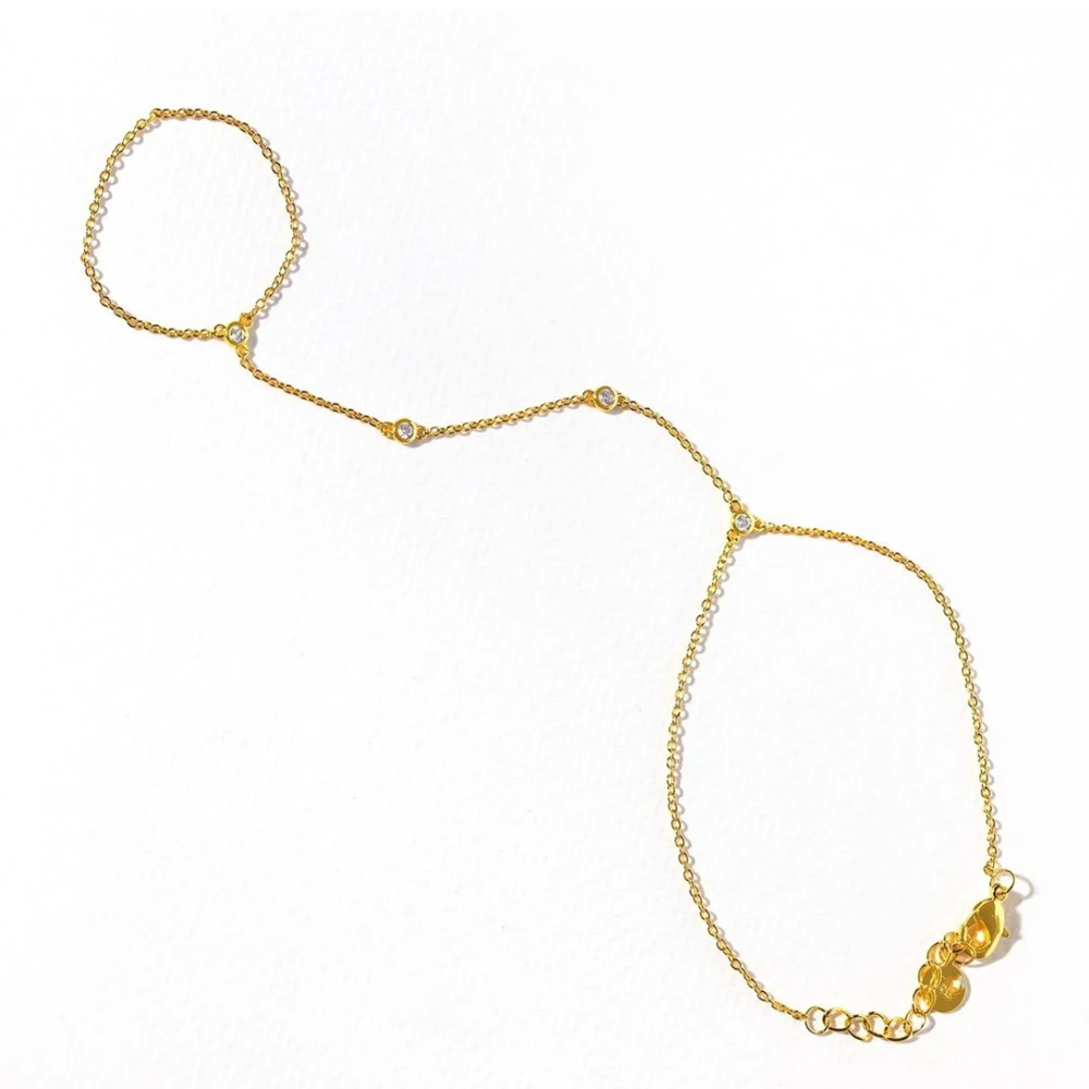 18K Gold Plated Stainless Steel Hand Chain Bracelet Zircon Link Slave Finger Ring Bracelet Fashion Jewelry for Women