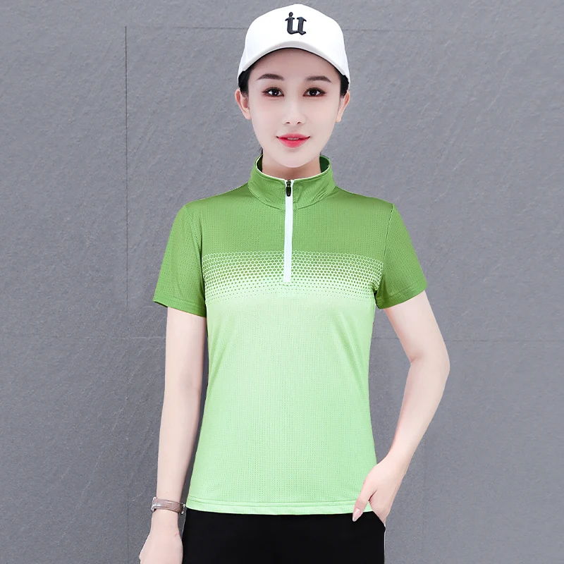 New Women'S Summer Stand Up Collar Short Sleeved Top Fashion Casual Gradient Color Loose Ice Silk Quick Drying Sports T-Shirt