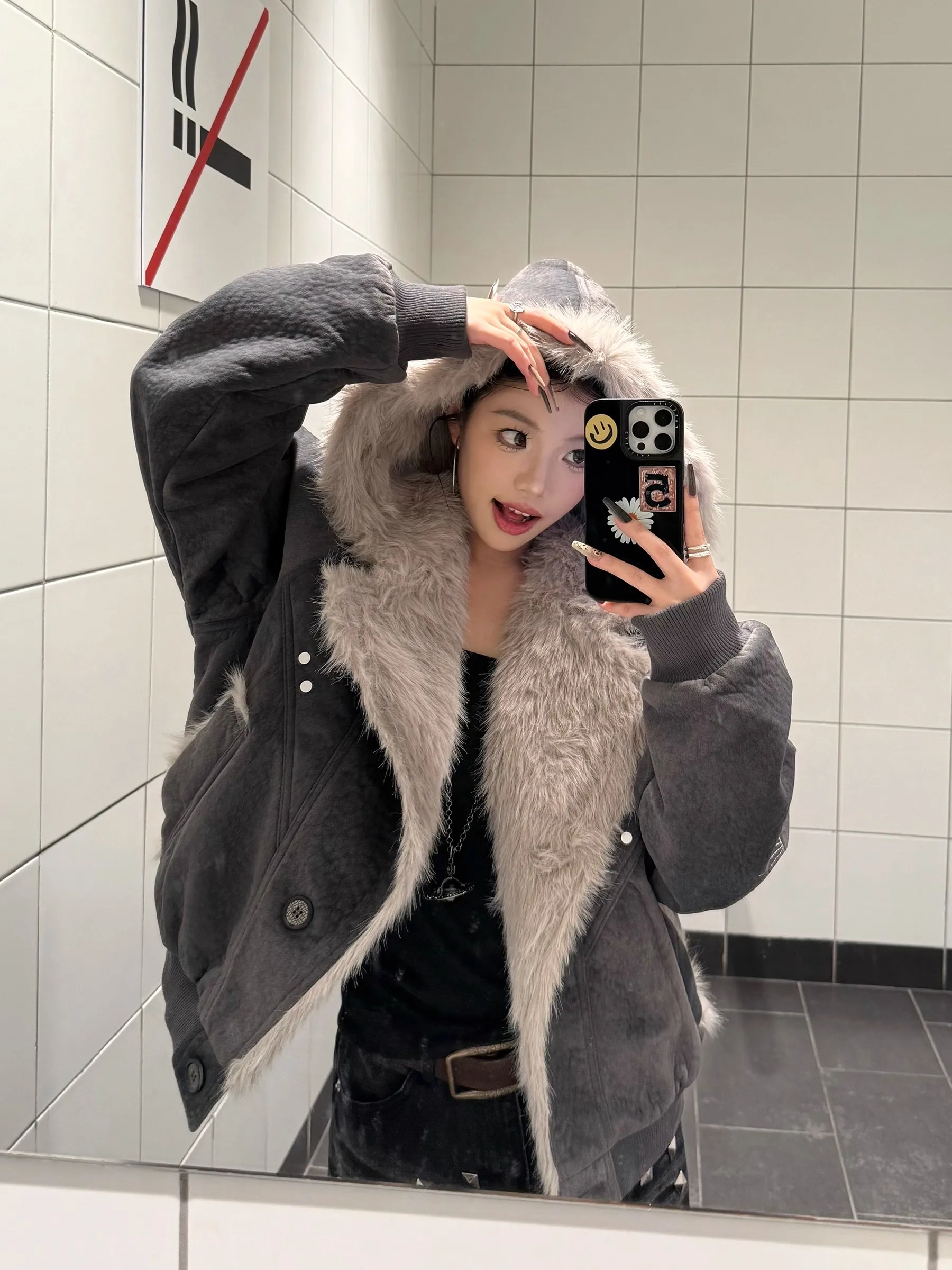 

Женское свободное зимнее пальто из хлопка в стиле ретро с меховым воротником, уличное пальто большого размера с деконструировкой