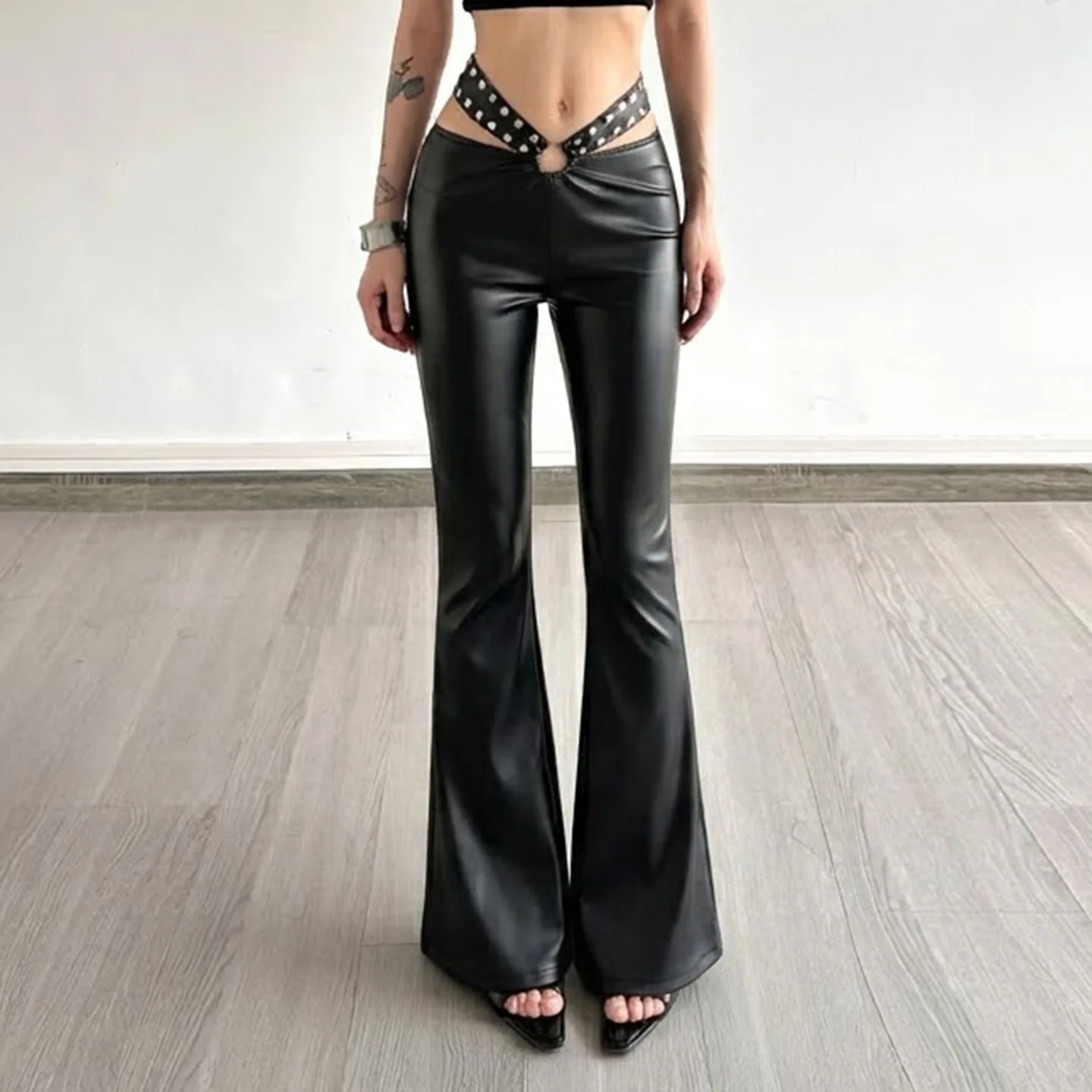 Metal Ring Rivets Straps Hollow Out PU Leather Flare Pants Women Y2k Fashion Low Waist Booty Lifting Slim Fit Boot Cut Trousers