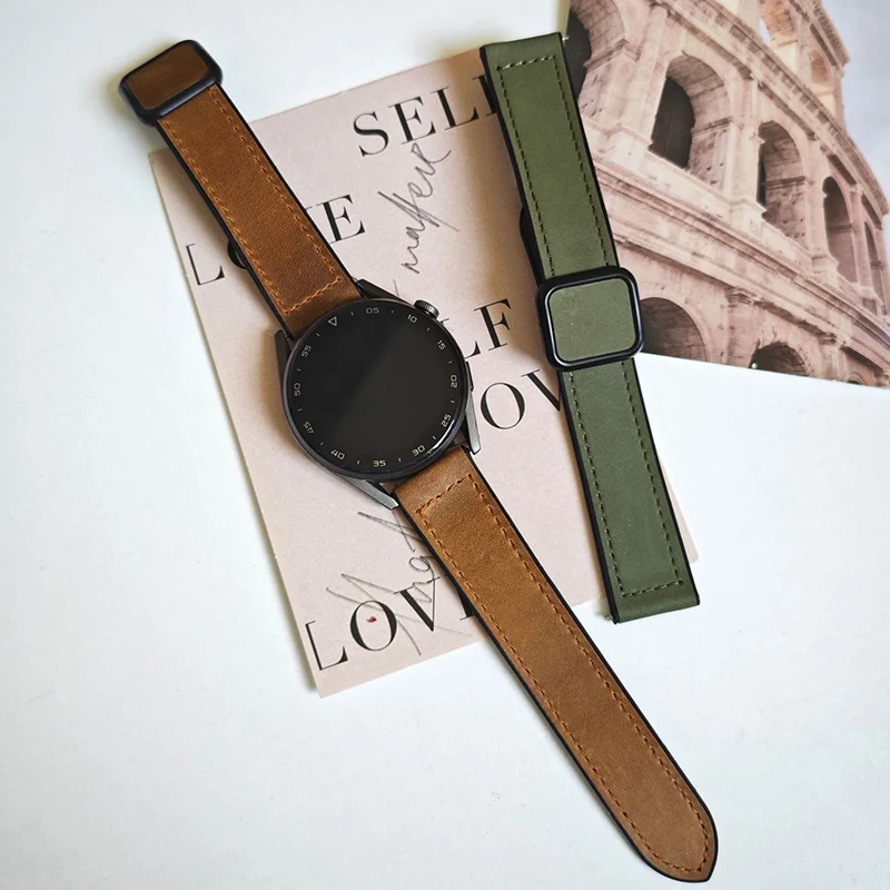Correa de cuero con hebilla magnética, banda de silicona de 22mm para Samsung Watch Galaxy 6 5 Pro4,Huawei GT2 y Amazfit Vintage