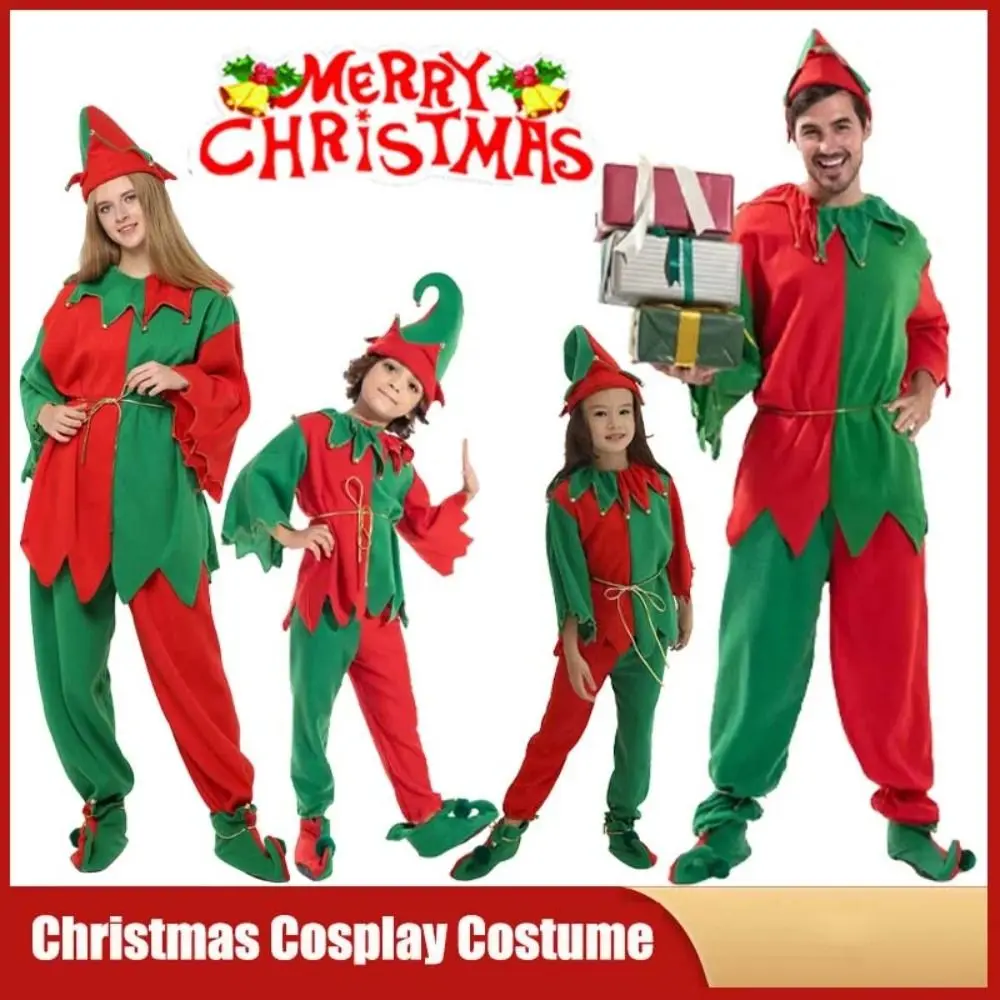 

Hat Christmas Cosplay Costume Pants Shoes Green Elf Costume Top Color Blocking Christmas Party Accessories Party Performance