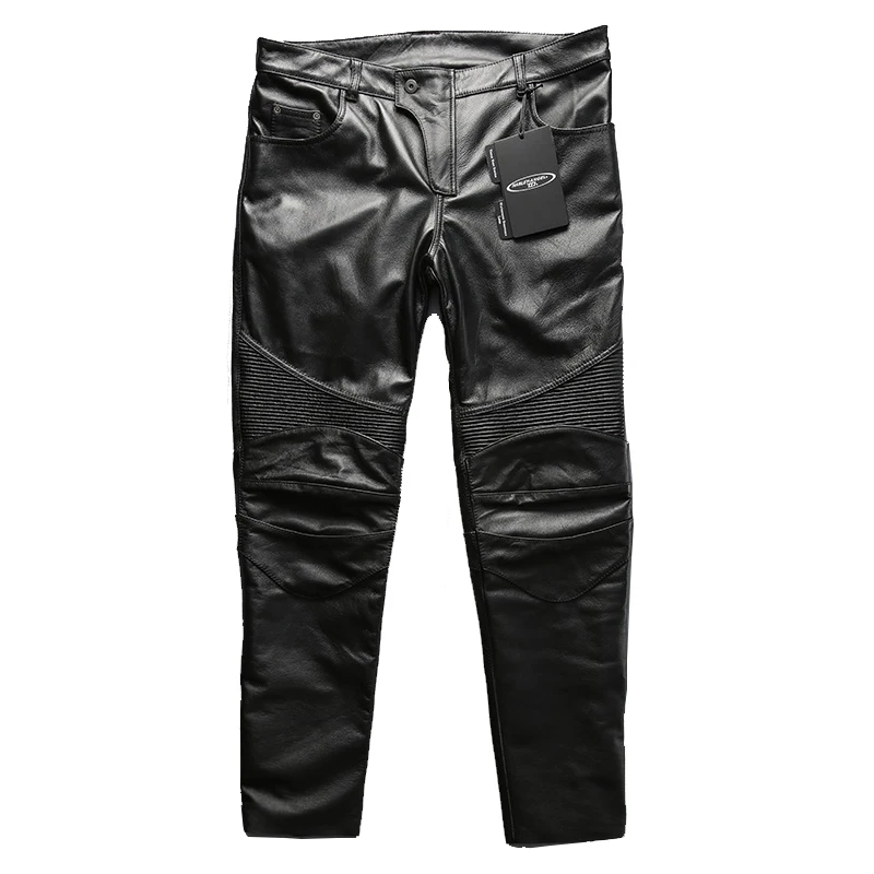 Genuine leather leather pants men's casual professional biker can be installed protective gear Slim yellow cowhide long pants