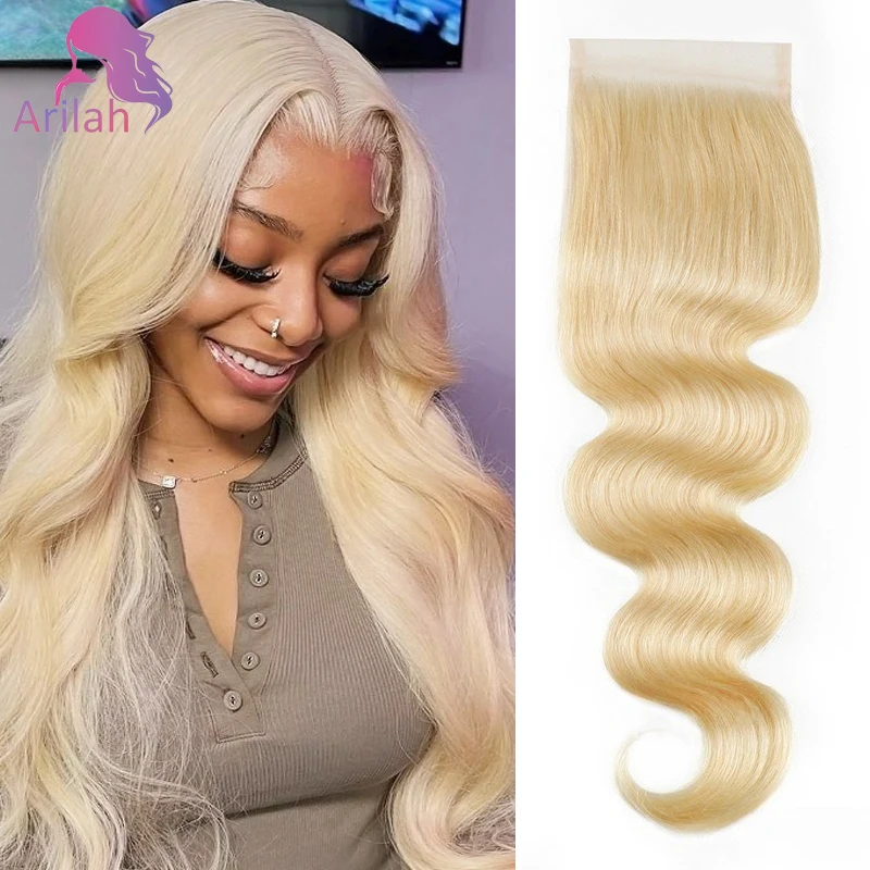 4x4 613 블론드 레이스 클로저 인모 브라질리언 버진 헤어 10-22인치 100% 미가공 투명 일상 착용용