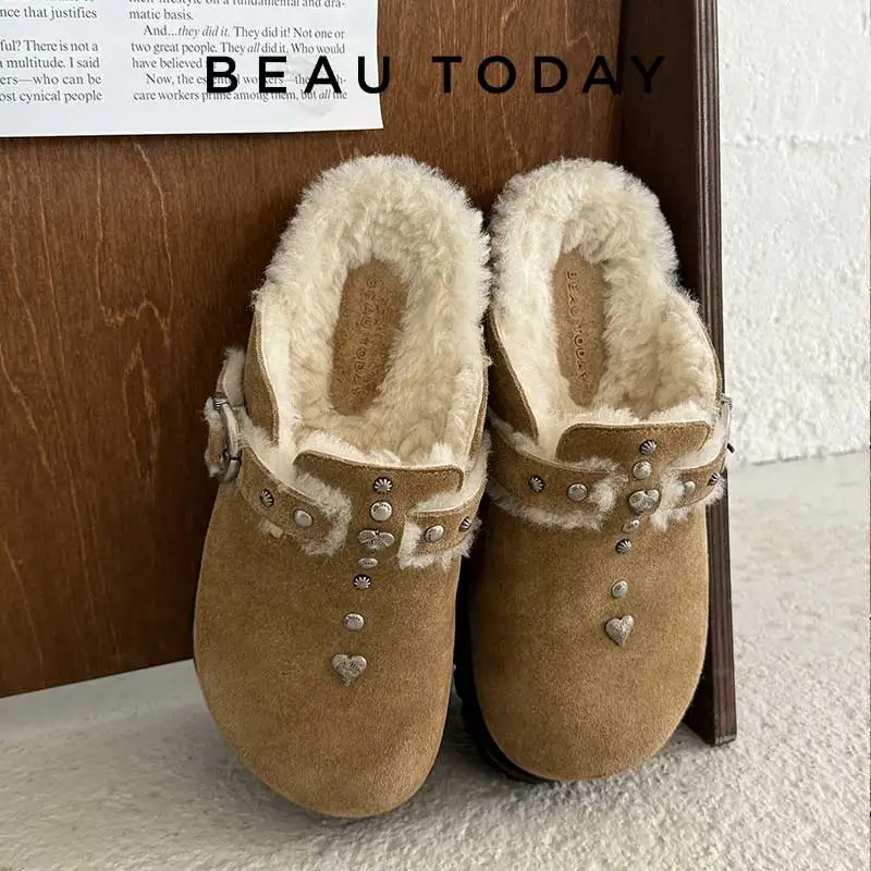 BEAUTODAY Furry Shoes Women Cow Suede Round Toe Mules Rivets Decor Ladies Wool Slippers Outdoors Handmade 37052