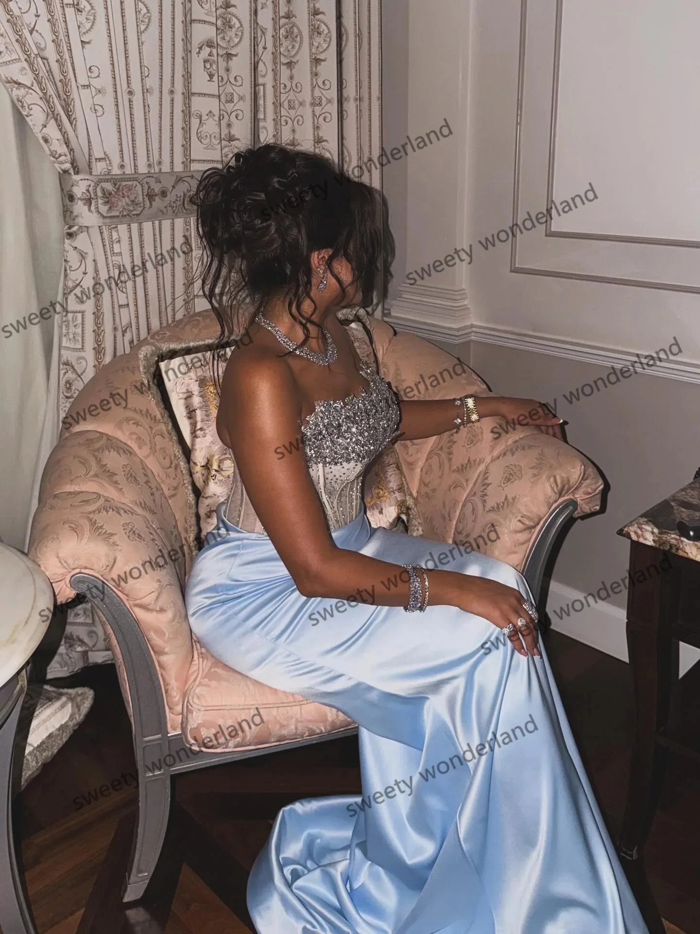 Sky Blue Satin Evening Dresses Lace Sequined Strapless Maxi Gown See Thru Corset Wedding Party Dress Customized Elegant Vestidos