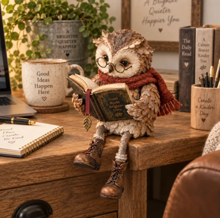 Reading Owl Figurine Creative Owl Statue With Glasses Scarf Boots And Open Book Reading Owl Sculpture For Book Nook Shelf Decor