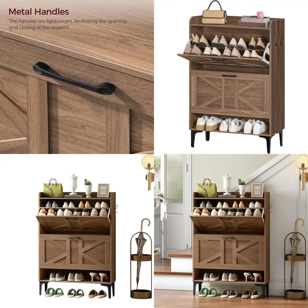 

Отдельностоящий органайзер для обуви из орехового дерева с двумя ящиками и открытыми полками для хранения в прихожей