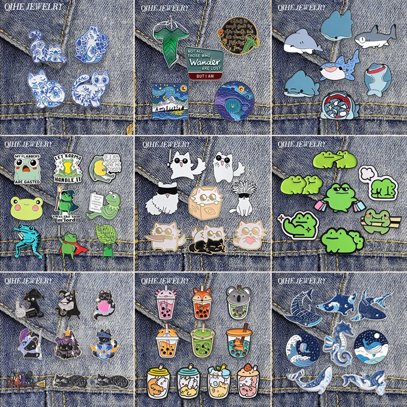 4-10pcs/set Cartoon Animal Collected Enamel Pin Japan Anime Cat Knife Blue White Mediterranean Cat Shark Whale Frog Badge Brooch