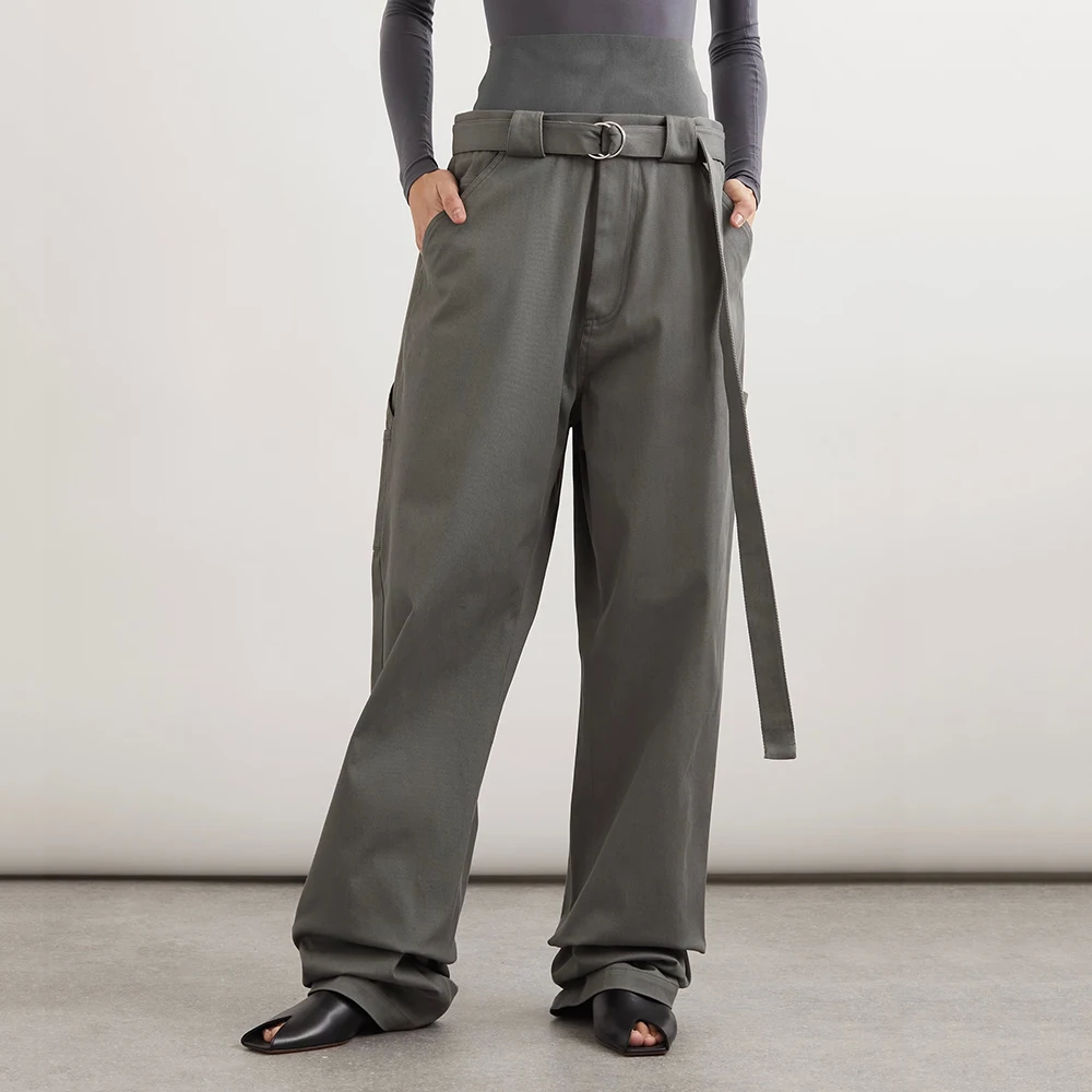 

Women's Straight Pants with Drawstring Waist, Cotton, Double Waist, Head Splicing, Fine Twill, Commuter, Y2k, New, Autumn, 2024