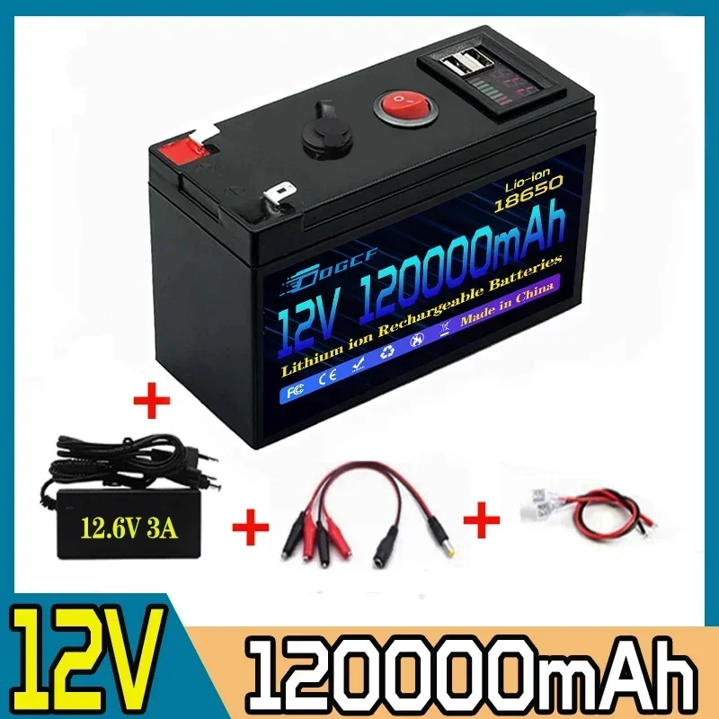 

12V Battery 120Ah 18650 Rechargeable LiFePO4 Lithium Battery Built-in 5V 2.1A Usb Power Display Port Charger+12.6V 3A charger