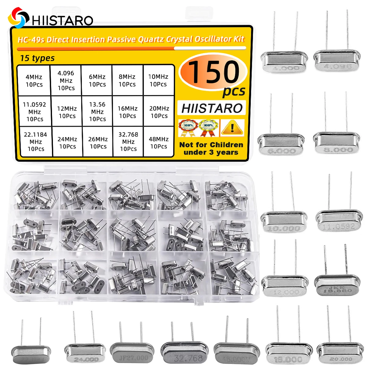 150Pcs Quartz Crystal Oscillator 4MHz, 4.096MHz, 6MHz, 8MHz, 10MHz, 11.0592MHz, 12 MHz, 13.56MHz,16 MHz, 20 MHz, 22.1184 MHz