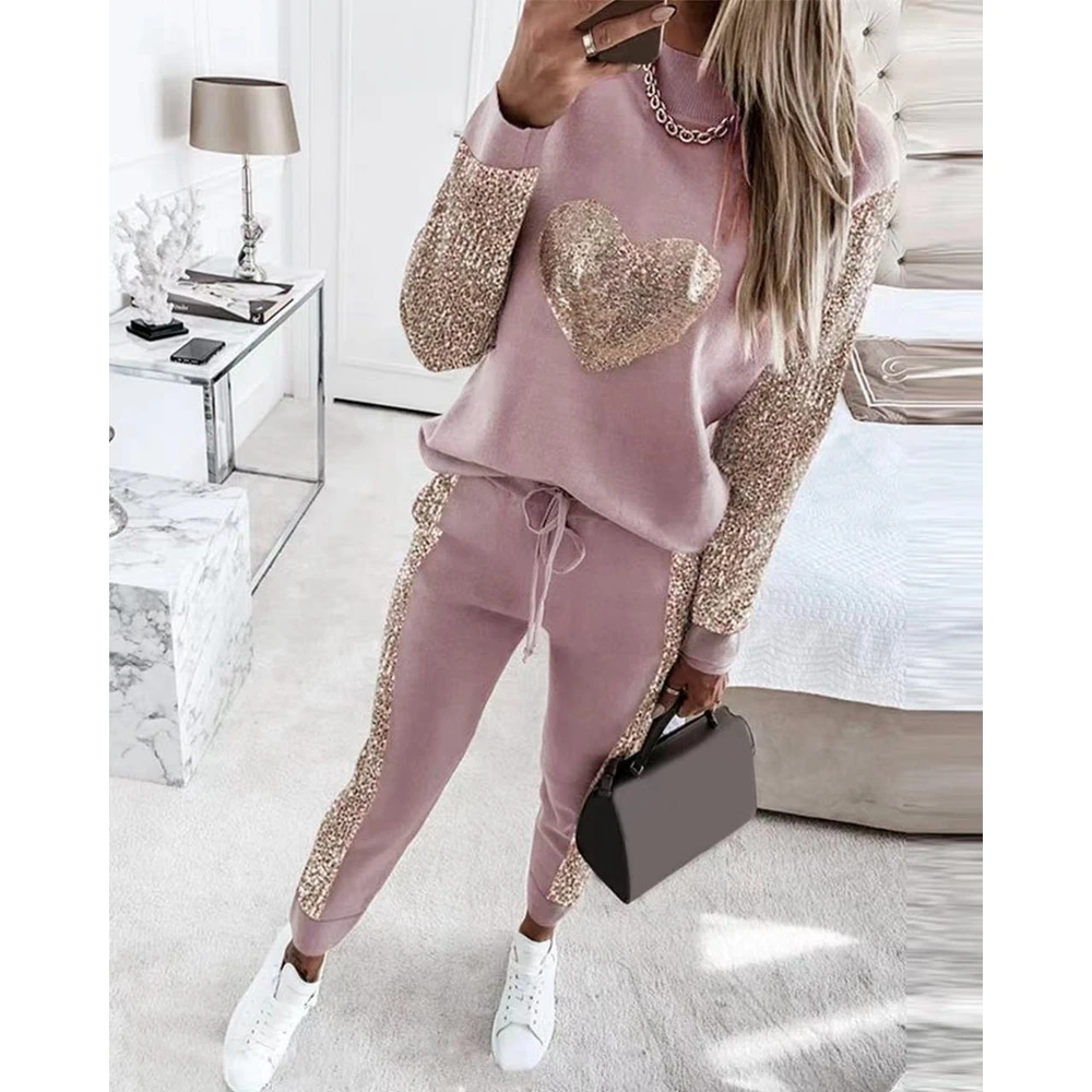 

Women Heart Sequins Stitching Long Sleeve Round Neck Sweatshirt & Drawstring Pants Set Causal Female Pink Two Pieces Set