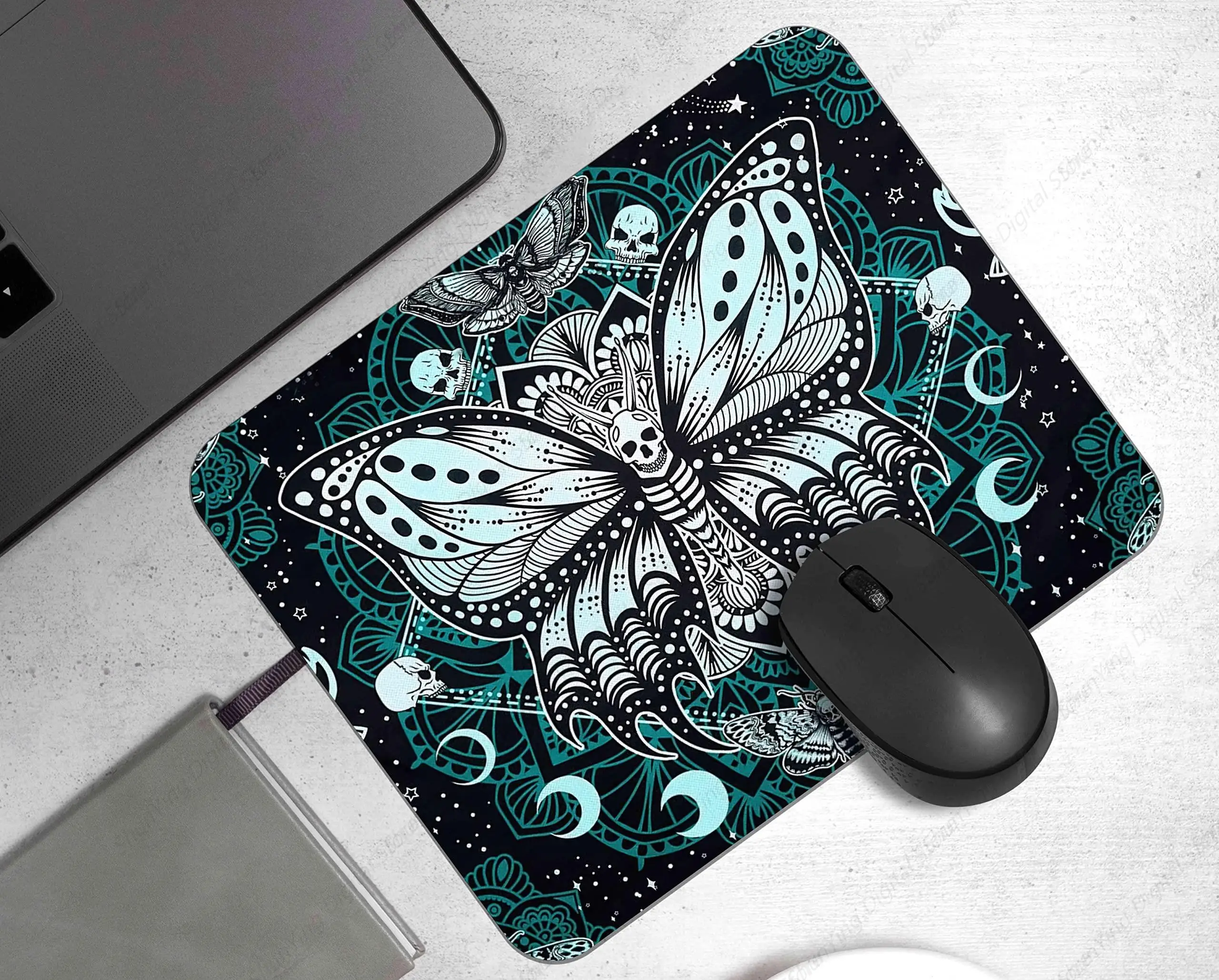 Gothic Skeleton Death Moth Blue Mandala Non Slip Rubber Mouse Pad, Suitable For Computers Laptops Offices 18*22cm