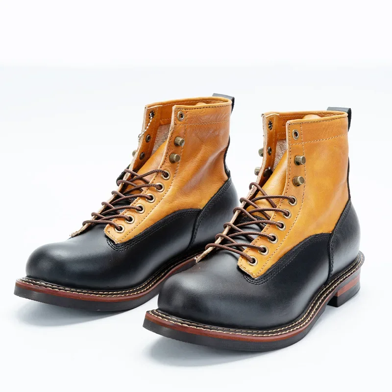 First Layer Cow Leather Retro Tooling Boots Men's Leather Stitching Round Toe Short Boots Men Black