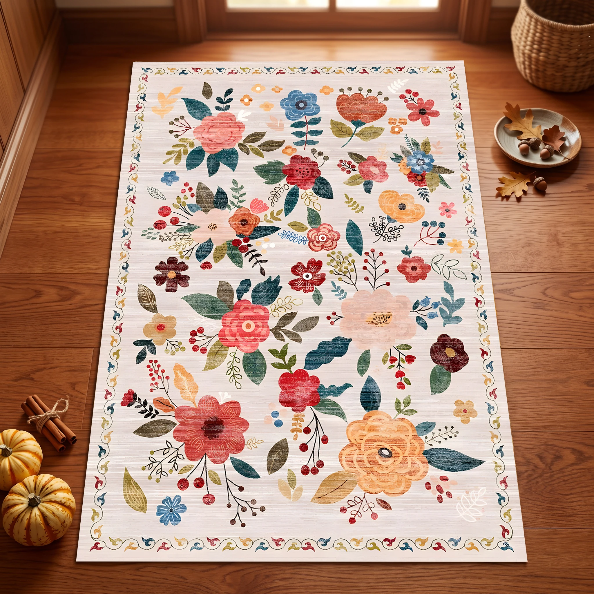 2D Carpet with Hand-Painted Fresh Floral Patterns, Featuring a Pastoral Soothing Style, Suitable for Living Room and Bedroom