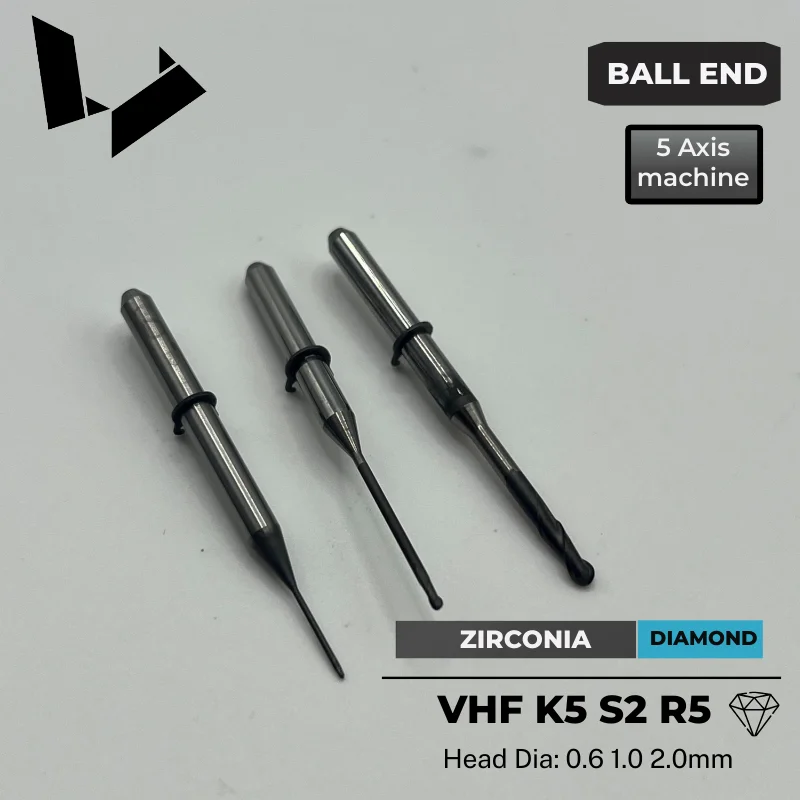 Zirconia Milling Burs VHF K5 Diamond Coated 0.3 0.6 1.0 2.0mm End Mill Dental Labortory Cad Cam Instruments