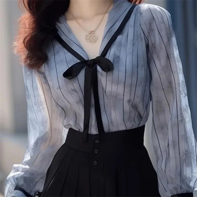 Women\'s Vintage Striped Print Patchwork Lace Up Bow Blouse Office Lady Elegant Casual Shirt V Neck Long Sleeve Tops Chic Blusas