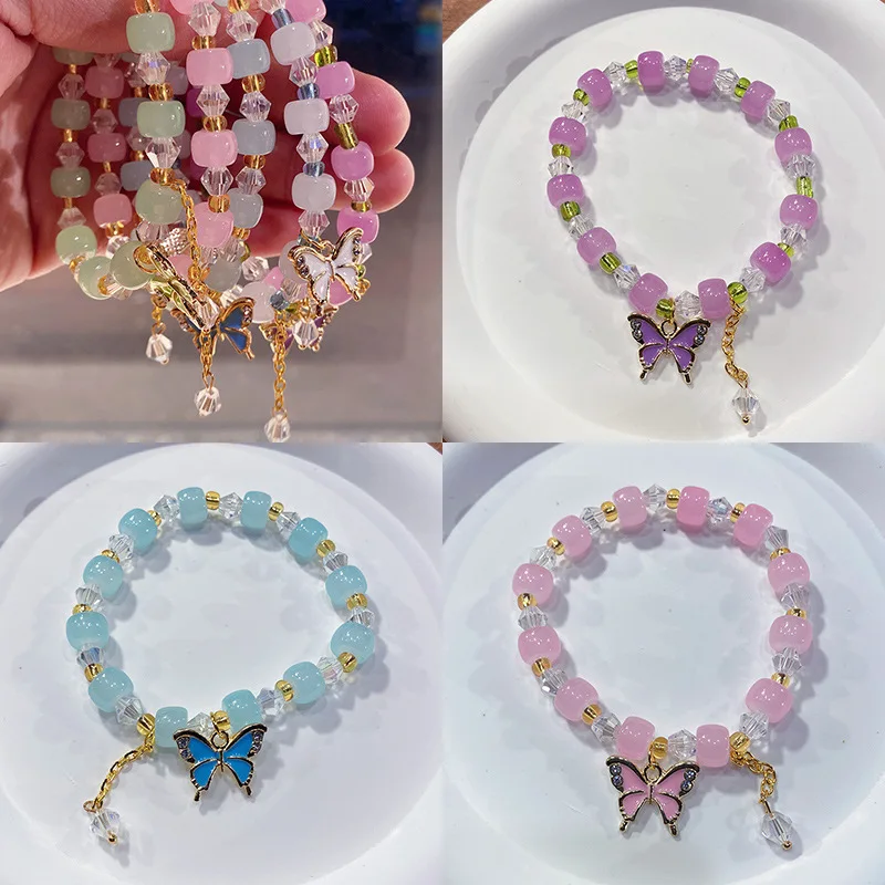 Hot New Cartoon Exquisite Butterfly Glaze Bracelet Children Students Elastic String bracelets Girls Fashion Jewelry Gifts