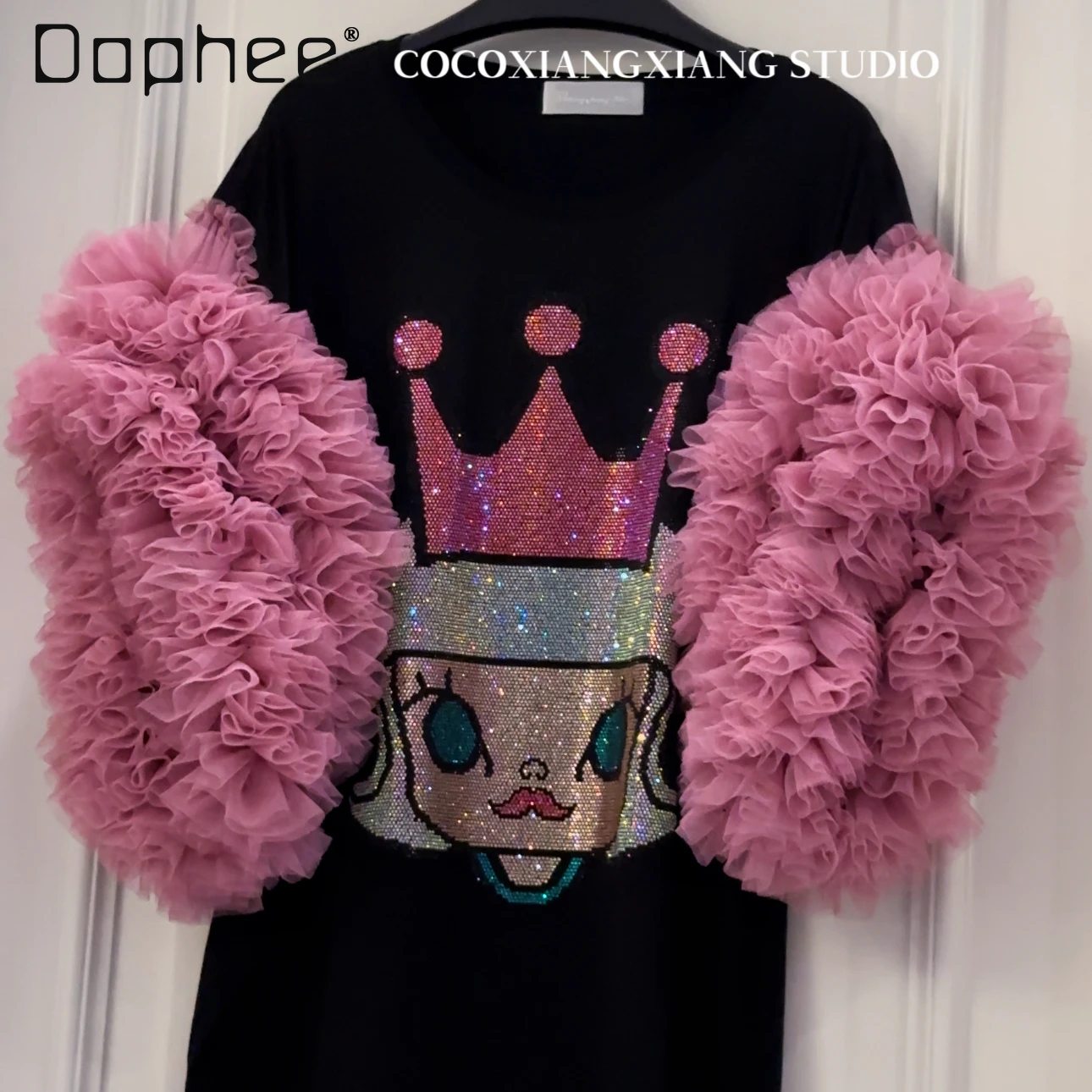 المد الساخن الماس الكرتون الصناعة الثقيلة منتفخ الأكمام شبكة خياطة فستان كبير الحجم لطيف فضفاض فساتين تي شيرت متوسطة وطويلة