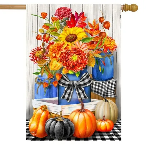 BRIARWOOD LANE Sleeved House Flag 28x40 AUTUMN MASON JARS Checkered Pumpkin Fall ZZY